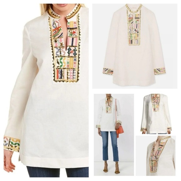 TORY BURCH Mandarin Embellished LS TORY TUNIC Size 0 New with Tags $450 - Picture 1 of 16